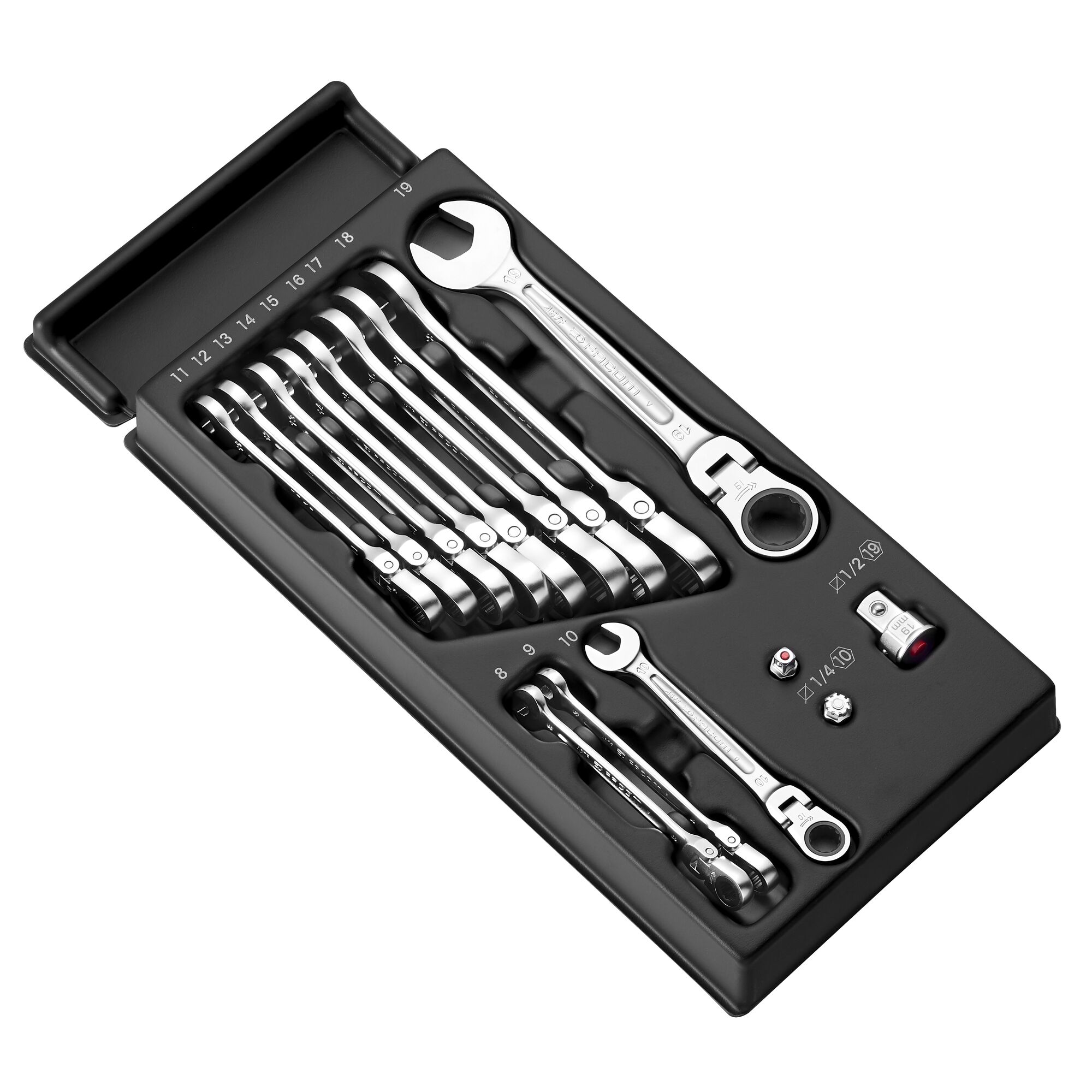 Facom MOD.467BFJ12PB ratcheting combination wrench set with 12 pieces in black tray, angled view.